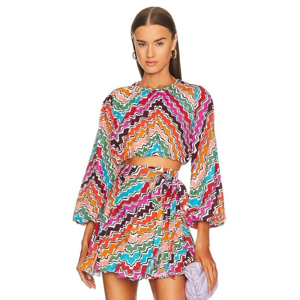 Rhode Azure Blouse Womens Size XS Multicolor Striped Ric Rac Cropped